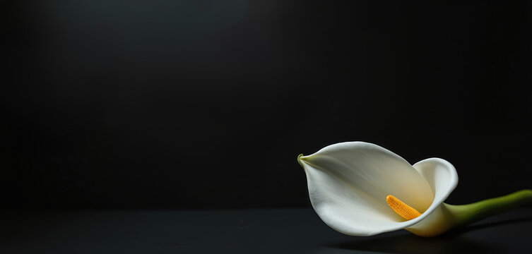 Calla lily lies on black background. White flower close up with copy space. Floral blossom for sympathy card. Single bloom in dark. Plant for condolence or funeral ceremony.