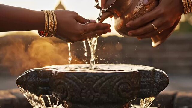 traditional hands perform sacred water offering ritual