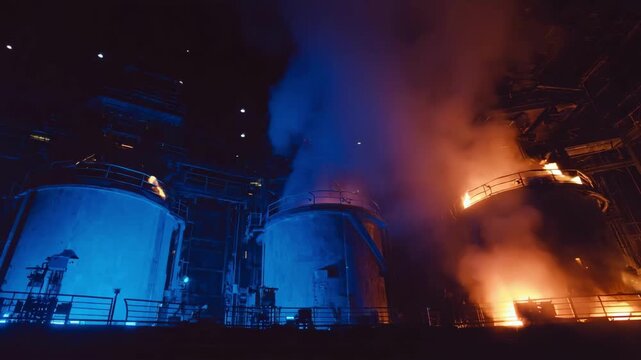 Medium shot capturing gasification process in a wastetoenergy facility highlighting gasifier reactors and glowing hot chambers.