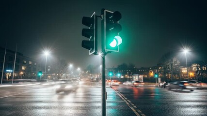 Traffic lights changing from red to green at a busy city intersection at night, with cars driving by.