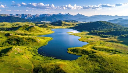 Vast Scenic Landscape With Rolling Green Hills A Serene Blue Lake And Distant Majestic Mountains Under A Clear Blue Sky With Fluffy White Clouds