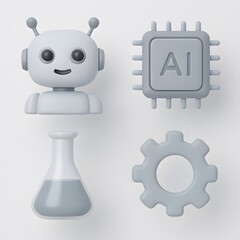 Cute robot head ai chip beaker and gear symbolizing technology and innovation