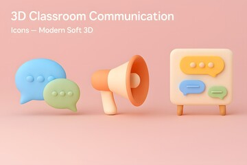 3d classroom communication icons with megaphone and speech bubbles on pink background
