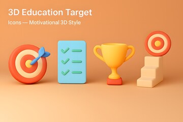 3d education target goal achievement trophy checklist and success symbols