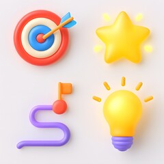Four 3d icons representing goals achievement success and new ideas on a white background