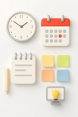 Clock calendar sticky notes and reminder on white background representing time management and planning
