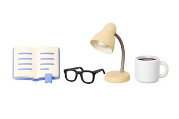 Miniature scene of a book glasses desk lamp and coffee cup on a white background
