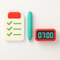 3d render of a checklist with a pen and a digital clock showing 7 am