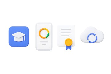 Digital education icons representing learning achievement and cloud storage services