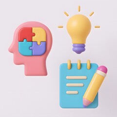 3d illustration of a human head with puzzle pieces inside a lightbulb and a notepad with a pencil