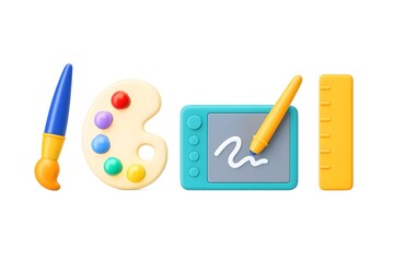 Art supplies for children including a paintbrush palette drawing tablet and ruler