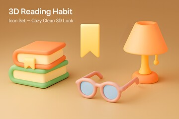 Cozy 3d illustration of reading habit with books lamp and glasses