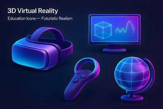 3d virtual reality technology with vr headset controller monitor and globe