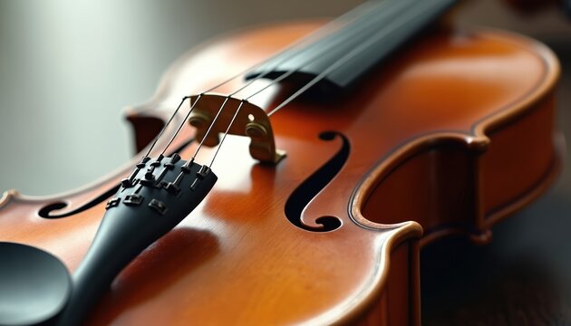 Polished wooden violin with stringed instrument details. Classical music object, acoustic sound maker for orchestra performance. Elegant musical tool, craftsmanship detail, studio shot.