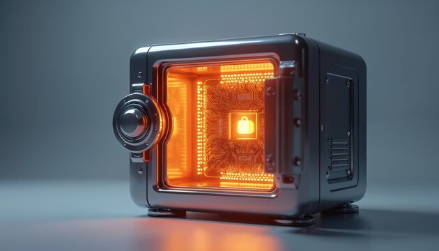 Futuristic digital vault with glowing circuit board inside. Secure lock icon on microchip represents data protection. Advanced tech hardware safeguards private information and digital assets.