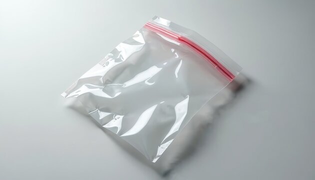 Clear plastic zip bag lies empty and crinkled on clean white surface. This flexible container has red zip closure for secure sealing. Useful for storage and transport.