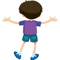 Young Boy with Brown Hair Wearing a Purple T-shirt and Blue Shorts with Open Arms and Blue Shoes in a Welcoming Pose