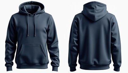 Navy blue hoodie shown front and back. Simple modern design on clean white background. Casual apparel for men and women. Comfortable stylish wear.