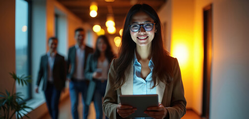 Smiling Asian woman holds tablet in modern office corridor at night. Colleagues walk behind her in dim light. Team leaves workplace after late work session. Business people depart company building.