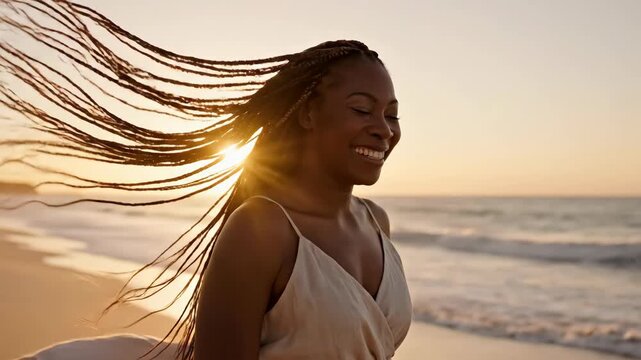 African American woman with braids laughing joyfully on beach at sunset. Wind blowing her white dress and hair. Cinematic medium shot footage of serene coastal happiness and freedom.