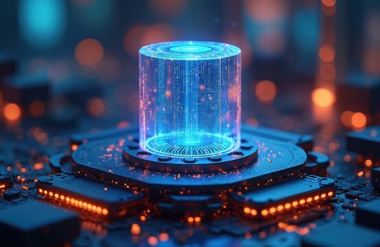 Abstract glowing cylinder with digital data stream on circuit board. Futuristic tech interface glows with blue light and orange bokeh effect. High tech concept.