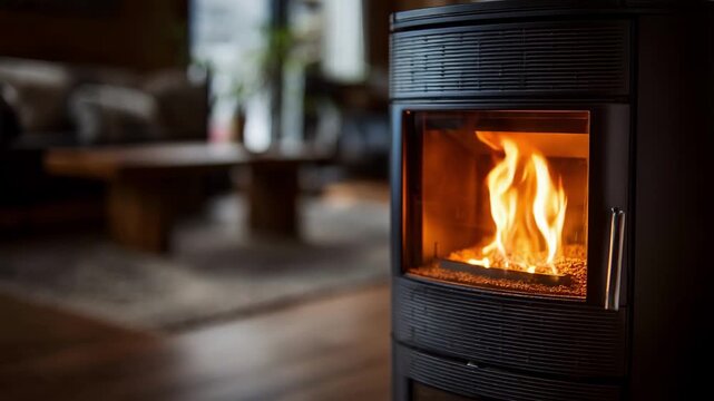 Medium shot of a modern pellet stove burning clean wood pellets showcasing ecofriendly biofuel heating in a cozy home setting.