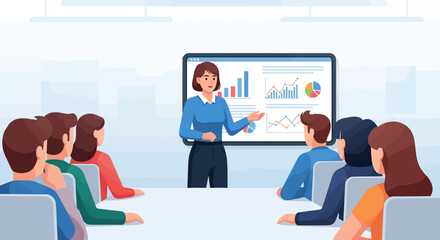 Professional woman leading a business presentation, explaining data analytics with charts and graphs to an audience in a modern office