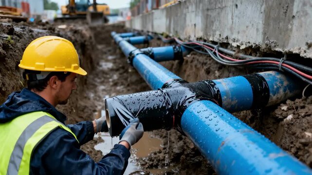 Footage showing weatherproof cable layers sealing conduits underground highlighting protection against moisture and environmental damage in adverse conditions.