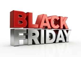 Isolated on white background, 3d black friday text with red and silver letters for promotional sale. Bold red and silver black friday sale announcement