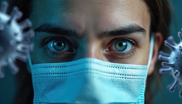 Woman wears medical face mask. Person green eyes, brown hair. COVID-19 virus cells around. Health protection concept. Woman looks worried. Face close-up. Medical mask on face. Virus cells in