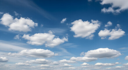 Beautiful blue sky with fluffy white clouds on a bright sunny day.