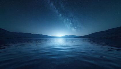 Fototapeta premium Calm lake mirrors vast starry night sky above silhouetted mountains. Milky Way galaxy arches over still dark water surface. Bright horizon glow hints at distant dawn.