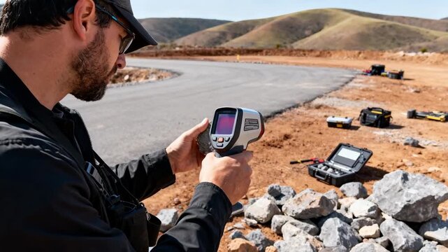 Geologists analyze rock samples and thermal readings in a semideveloped area blending technological tools with fieldwork to explore geothermal opportunities.