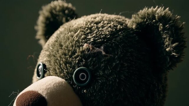 Close-up, low-angle shot of a fuzzy, worn, dark green vintage teddy bear with a visible tear and white buttons for eyes on a blurred dark background