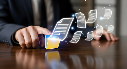 Digital document management system with files transferring from a glowing folder.