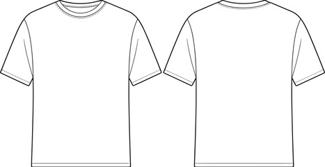 Technical flat sketch of basic short sleeve t-shirt front and back view, fashion apparel CAD drawing clothing vector illustration design