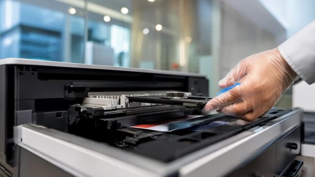 Technician carefully replacing the belt inside a desktop laser printer ensuring smooth operation and highquality print output in a welllit office setting.