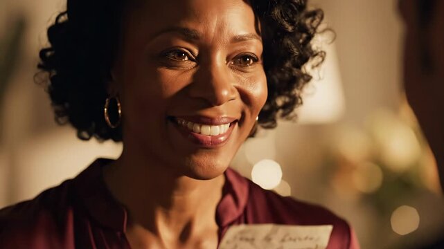 African American woman smiling while reading heartfelt letter. Joyful expression in warm indoor light with flowers. Cinematic closeup footage of emotional personal moment.