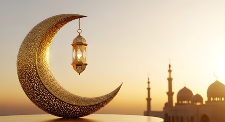 Ornate Lantern on Crescent Moon over Sunset Mosque