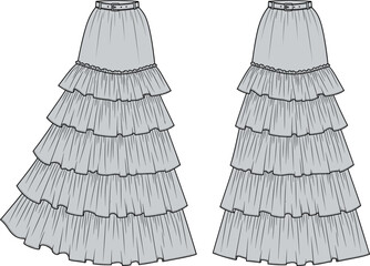 Tiered skirt fashion design, layered ruffle silhouette, front back view garment sketch, cad drawing flat vector illustration, grayscale fashion template