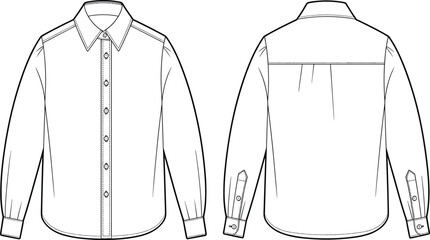 Technical flat sketch of classic long sleeve button up shirt with collar front and back view, apparel fashion CAD drawing vector illustration