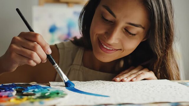 Woman artist painting vibrant colors on paper with brush. Creative studio process showing focused brush strokes and joyful expression. Artistic inspiration and hands-on creativity in cinematic