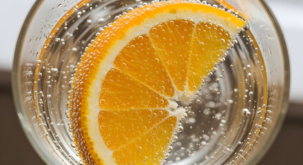 Refreshing Orange Slice in Sparkling Water Drink.