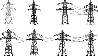 Vector silhouette of electrical transmission towers with power lines, showcasing energy infrastructure, engineering design, and urban electricity distribution network