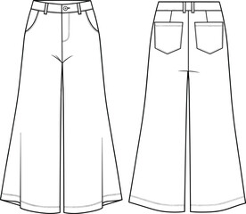 Wide leg pants technical fashion sketch, front and back view, high waist trousers, cad drawing flat vector illustration, garment design