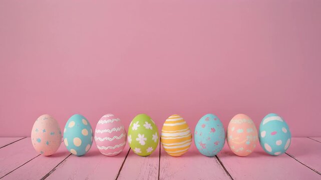 Looping video of painted easter eggs on a wooden pink table animated in stop motion style. 