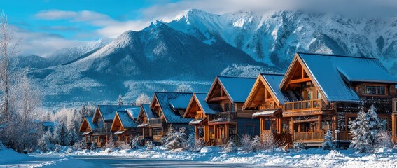 Winter wonderland with wooden chalets at New Year