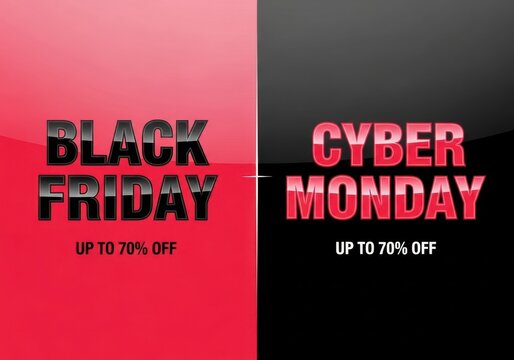 Black friday and cyber monday sale promotion banner with up to 70 off discount on red and black background. Black friday and cyber monday sale announcement with up to 70 percent off