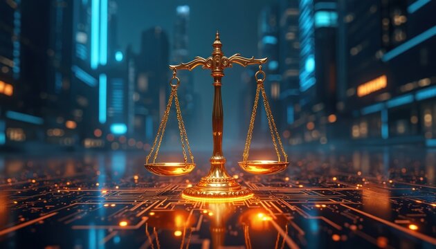 Golden scales of justice stand on brightly glowing intricate circuit board pattern. Blurred futuristic city skyscrapers, neon lights form modern backdrop. Image strongly legal tech, future law, cyber