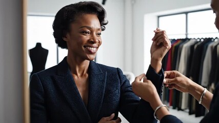 African american woman smiling while trying on tailored suit jacket in upscale boutique. Stylist assists with sleeve adjustment for perfect fit. Cinematic closeup footage of professional fashion